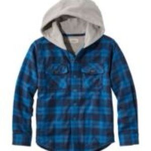 LL BEAN Kids Fleece Lined Flannel Shirt, Hooded Plaid